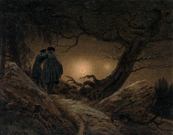 318,油画,弗里德里希,《山中观月的两个男人》
