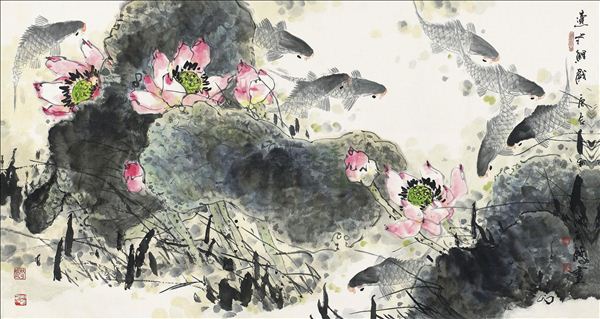 318,318艺术,陈永锵,国画,国画花鸟,《莲池鲤戏》