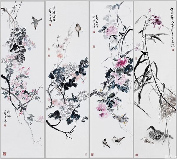 318,318艺术,艺术品交易,当代艺术,容艺文,国画,《花鸟四条屏》